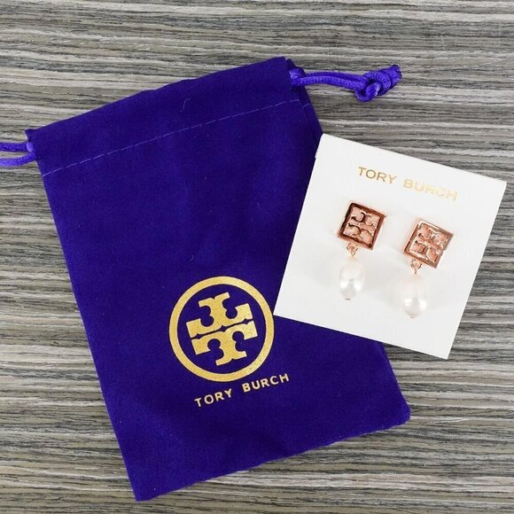 Tory Burch Square Logo Pearl Drop Earrings Rose Gold OS - Picture 11 of 12